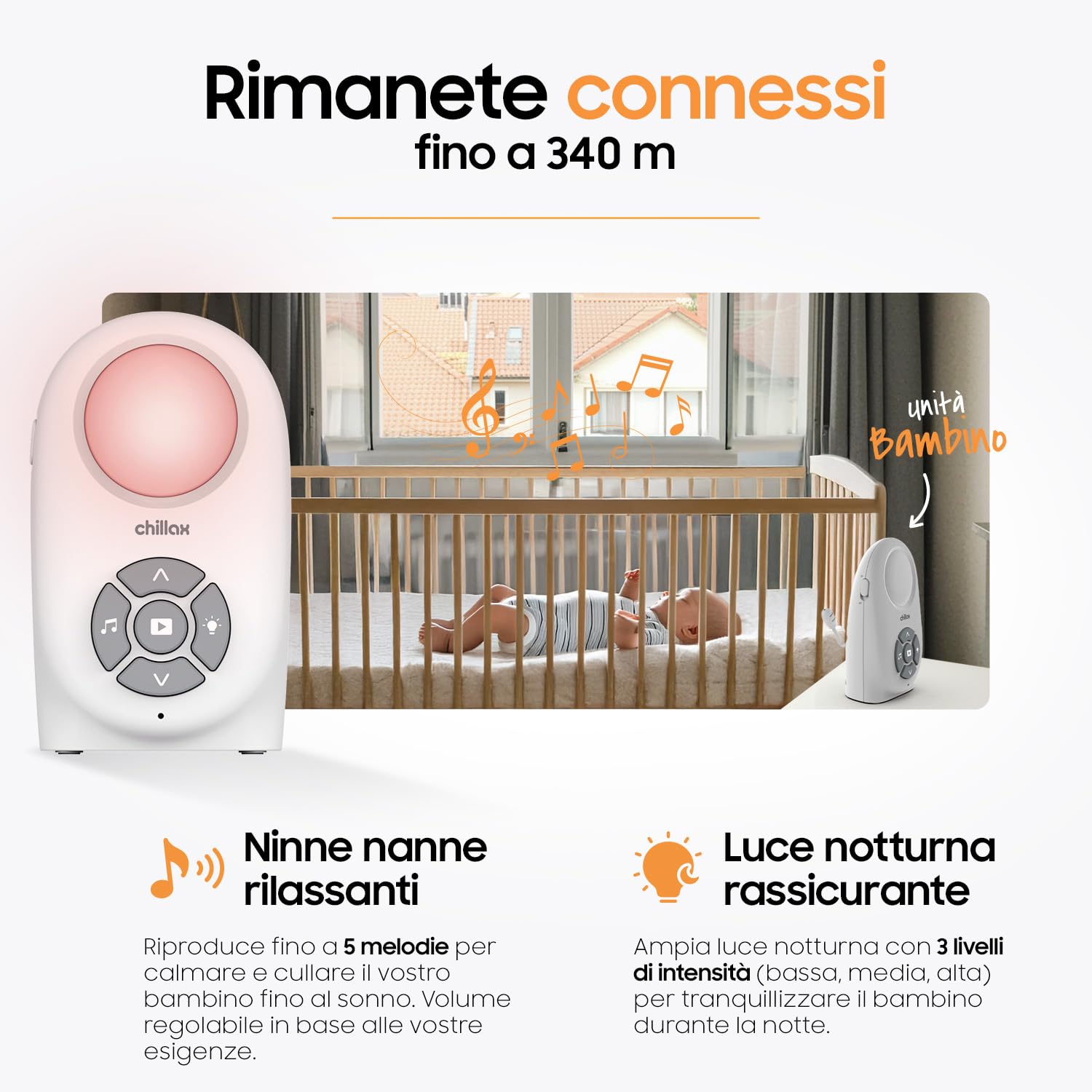 CHILLAX CB260 Baby monitor Audio DECT Schermo LCD VOX Mode Eco Sensore temperatura Portata 340m