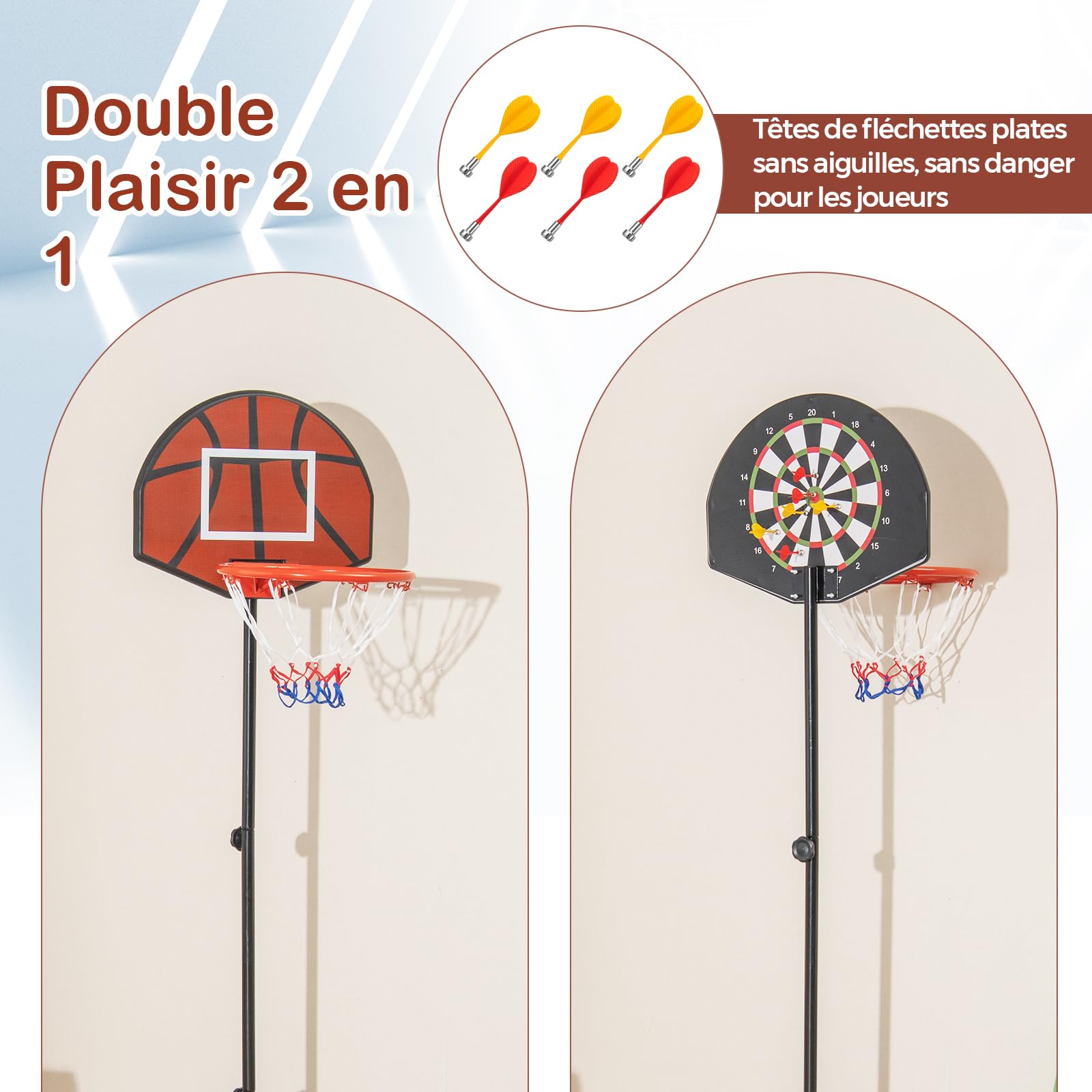 GYMAX 2-en-1 Panier Basket Enfants 3-10 Ans, avec Cible de Fléchettes, Hauteur Réglable 96/146cm, Base Remplissable Stable, 6 Fléchettes, pour Intérieur et Extérieur, pour Garçons et Filles