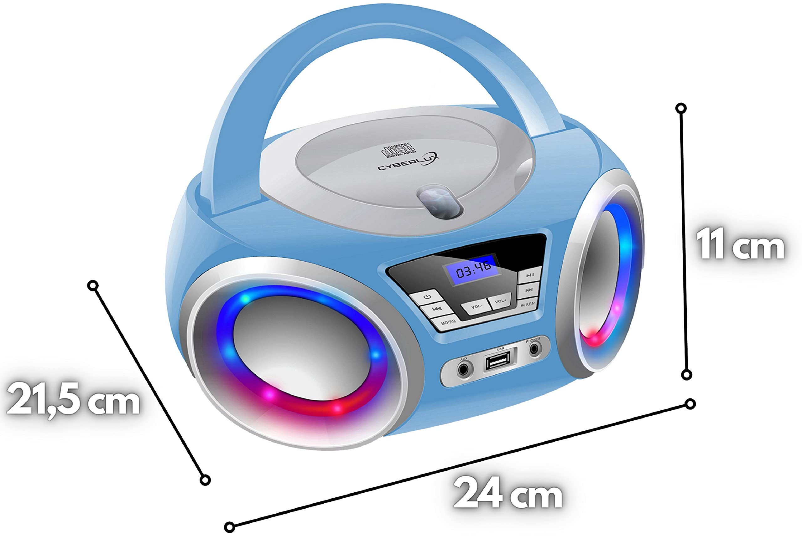 Lettore CD Portatile Con Illuminazione a LED, Radio Stereo FM, USB, MP3, Ingresso Cuffie e Aux In - Impianto Stereo Per Bambini