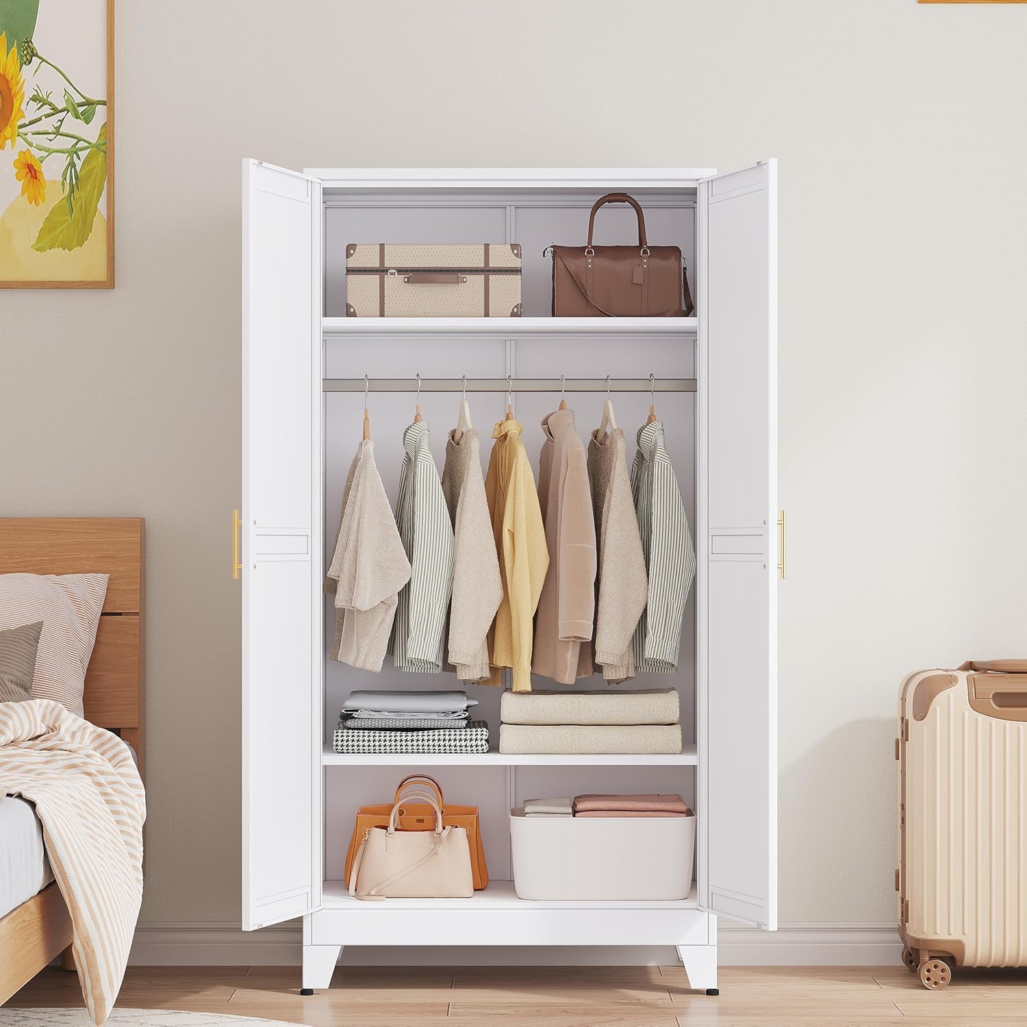 GAIOUS Metal Wardrobe Cabinet with Hanging Rod, 71" Metal Clothing Storage Cabinets with 2 Doors and Adjustable Shelves, White Armoire Wardrobe Closet for Bedroom, Laundry Room, Cloak Room