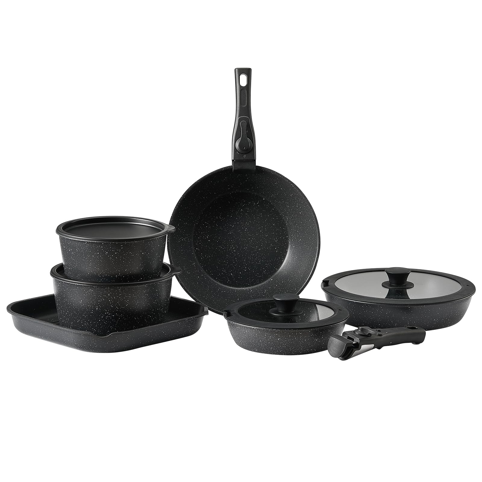 VEVOR Pentole e Padelle Antiaderenti, con Manico Staccabile, Set di Pentole a Induzione da Cucina per Camper, con Frittura, Coperchi in Vetro Temperato, Adatti al Forno,17 Pezzi Nero