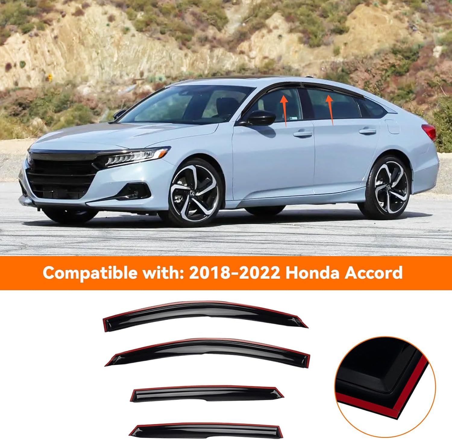 4pcs JDM 3D Wavy MU Style Window Visors Compatible with 2018-2022 Honda Accord Sedan, Front+Rear Left+Right Outside Mount Type Dark Smoke Tint Tape-On Side Sun Rain Guards Set of 4