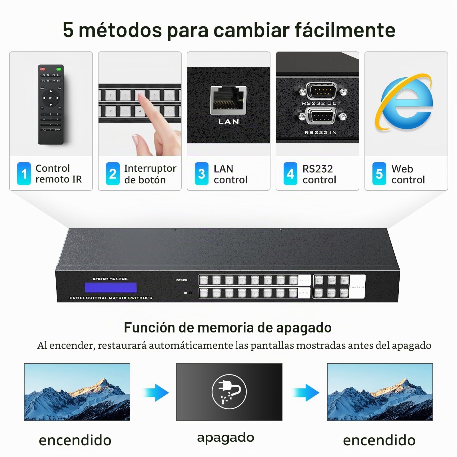 Conmutador HDMI 4K 8x8 con control web y extracción de audio 3,5 mm, 4K @ 30 Hz, montaje rack, divisor 8x8, compatible HDCP EDID RS232