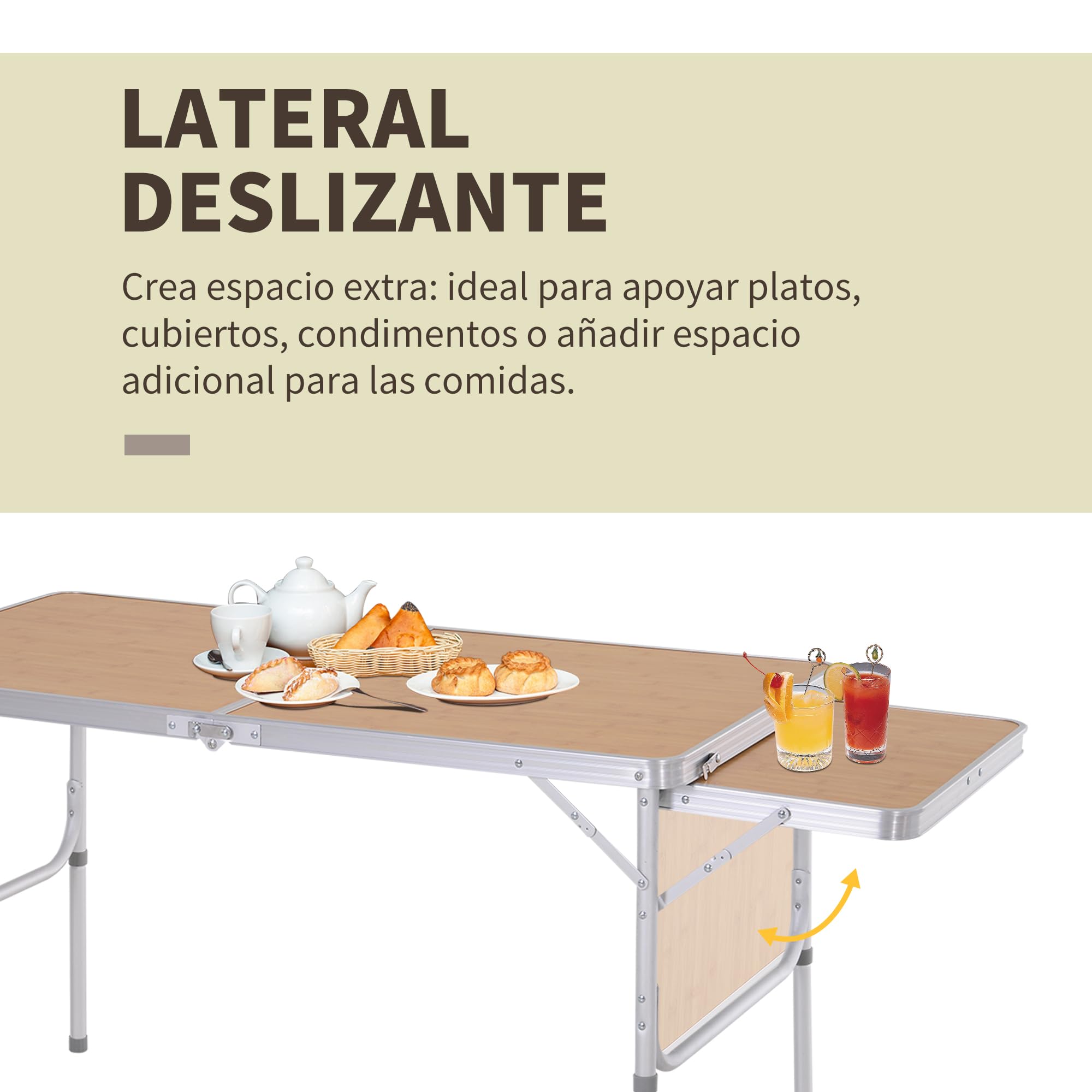 Outsunny Mesa Plegable de Camping Portátil con ala Abatible Mesa de Picnic de Encimera MDF Estructura Ligera de Aluminio Carga 30kg Altura Ajustable 153x60x39/71 cm