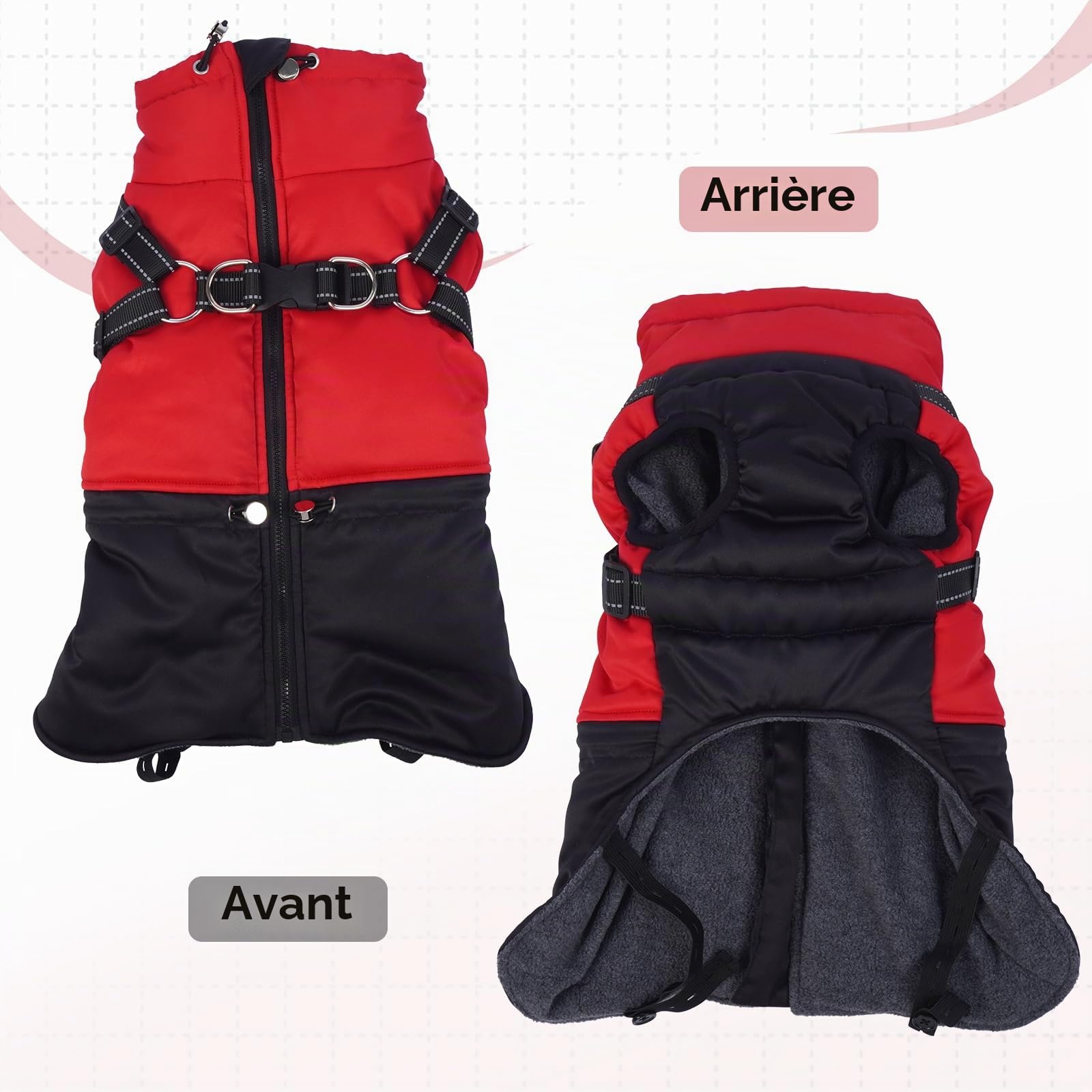 Manteau Chien - Manteaux d'hiver pour Chiens Manteau Résistant à l’Eau, Veste avec Harnais Gilet Chaud Doudoune Fermeture Eclair pour Moyen Bouledogue Francais, Rouge L