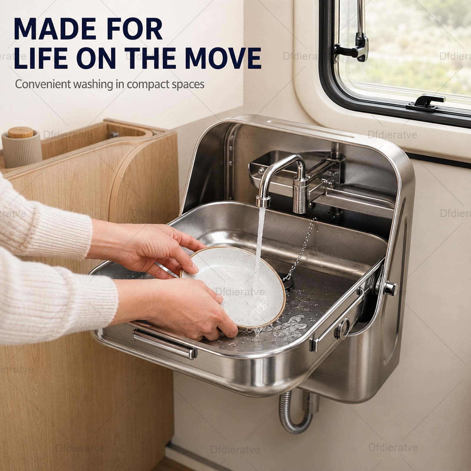 Lavello Pieghevole da Parete per Camper, Caravan e Barca, Lavandino Salvaspazio in Acciaio Inox 304 con Porta Sapone, Rubinetto Acqua Fredda e Grande Vasca 30x30cm