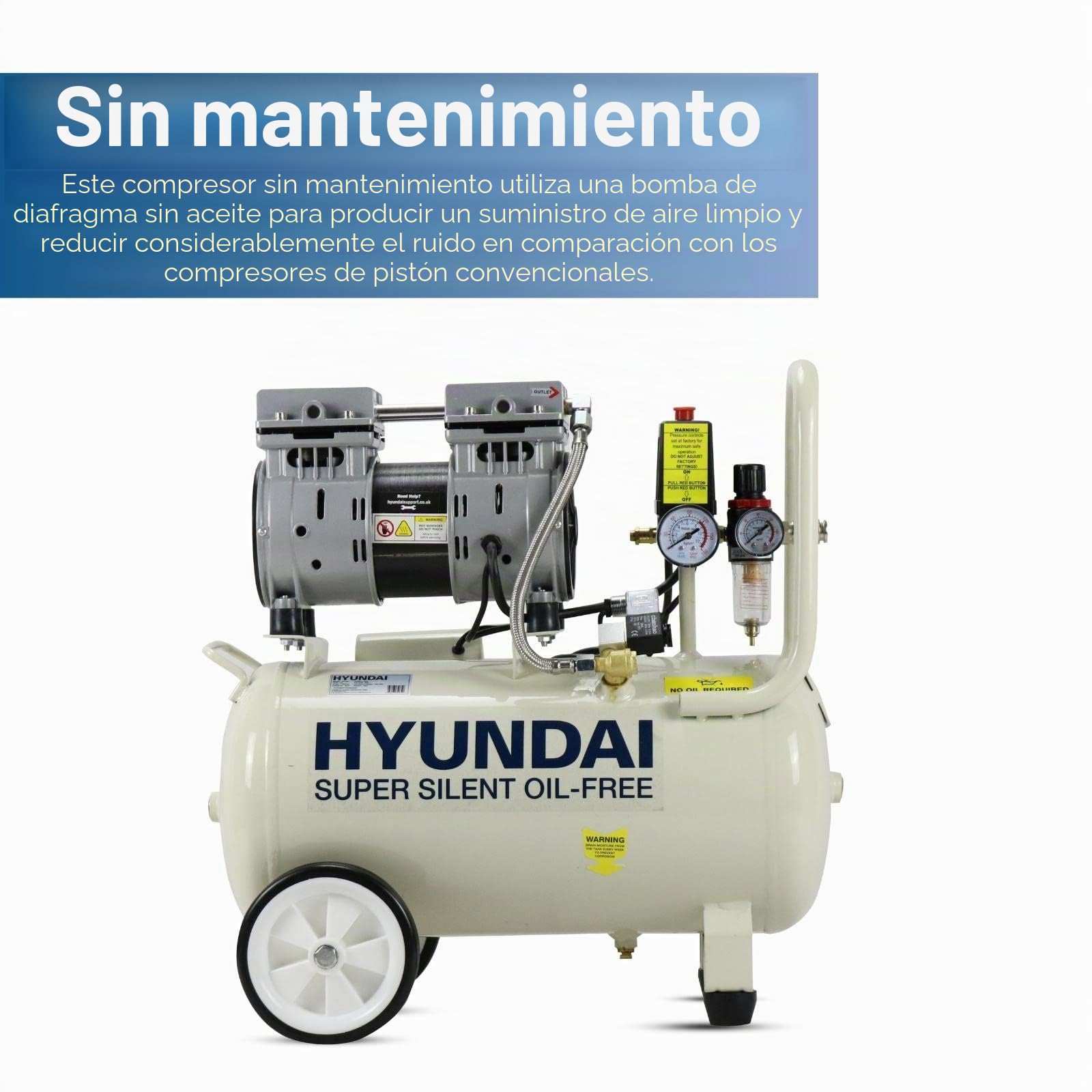 Hyundai Compresor de aire de 24 litros, 5,2 cfm/100 psi, silencioso, sin aceite, 750 W/230 V, 150 litros por minuto, 2 años de garantía