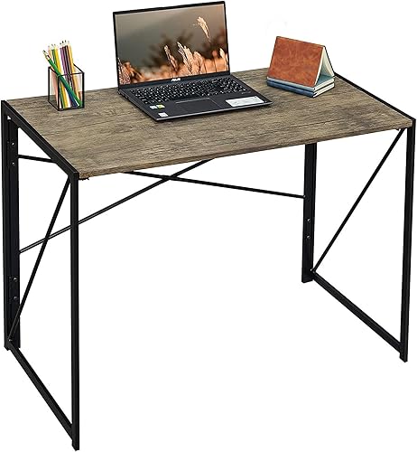 Escritorio plegable para computadora para oficina en casa, pequeño escritorio portátil de 39 pulgadas, roble marrón claro y marco negro, mesa de