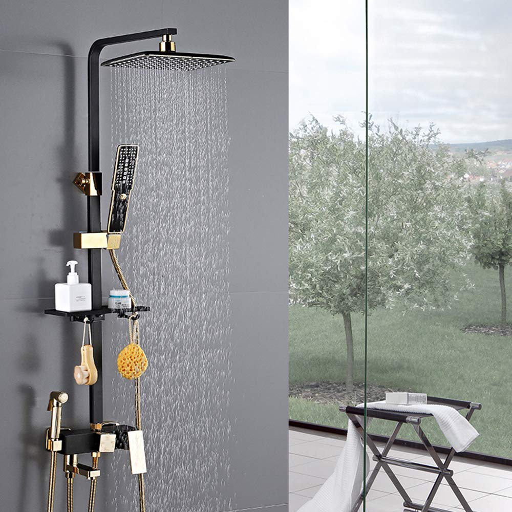 Miscelatore Vasca, Set Miscelatore Doccia, Rubinetto Doccia Nero e Oro, Set Doccia Multifunzione con soffione, doccetta Portatile a 3 modalità, Rubinetto Vasca, soffione Bidet
