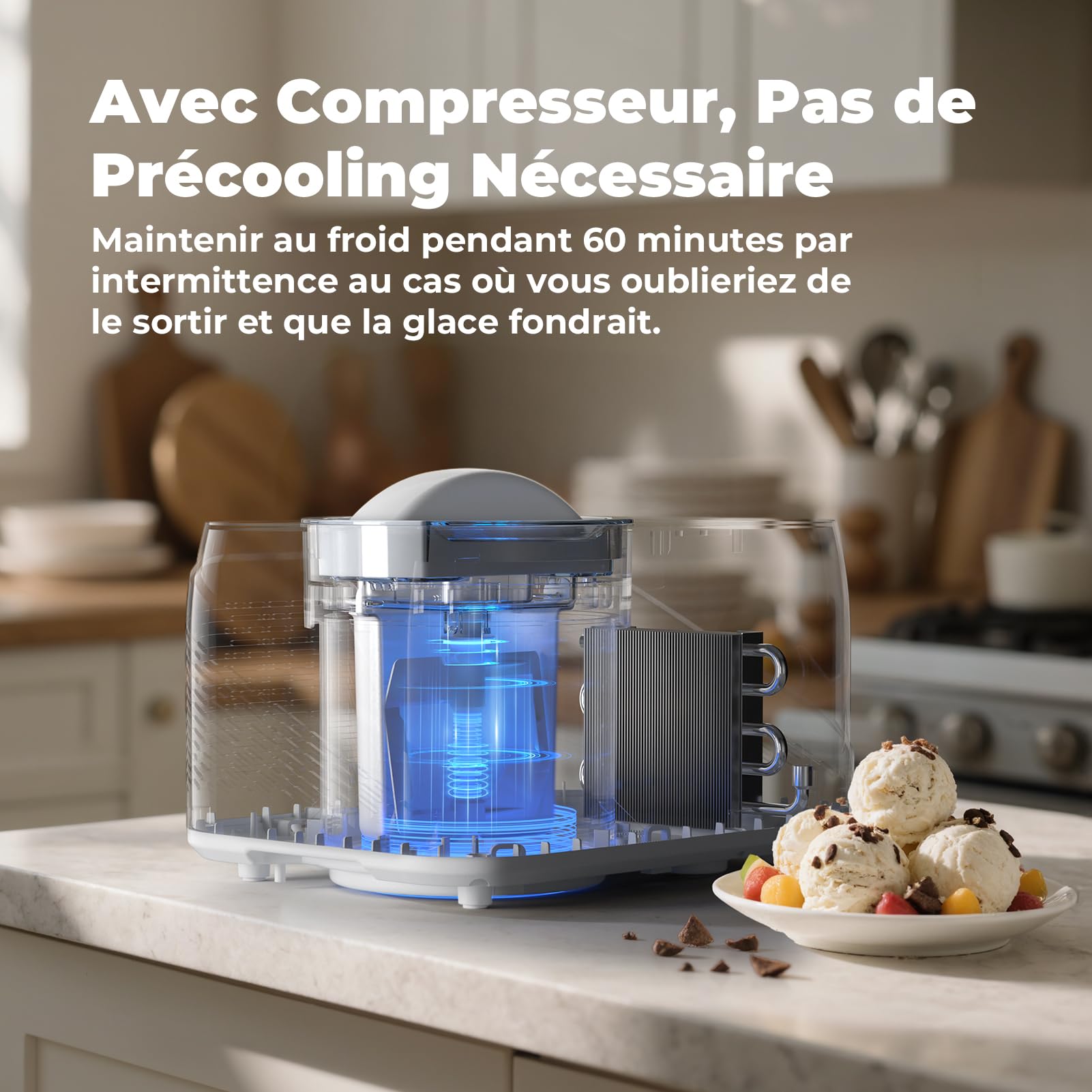 Sorbetière Electrique avec Compresseur, Auto-refroidissan Machine a Glace, Turbine à Glace 1L, avec Gradué/Spatule, pour Fait de Crème Glacée/Gelato