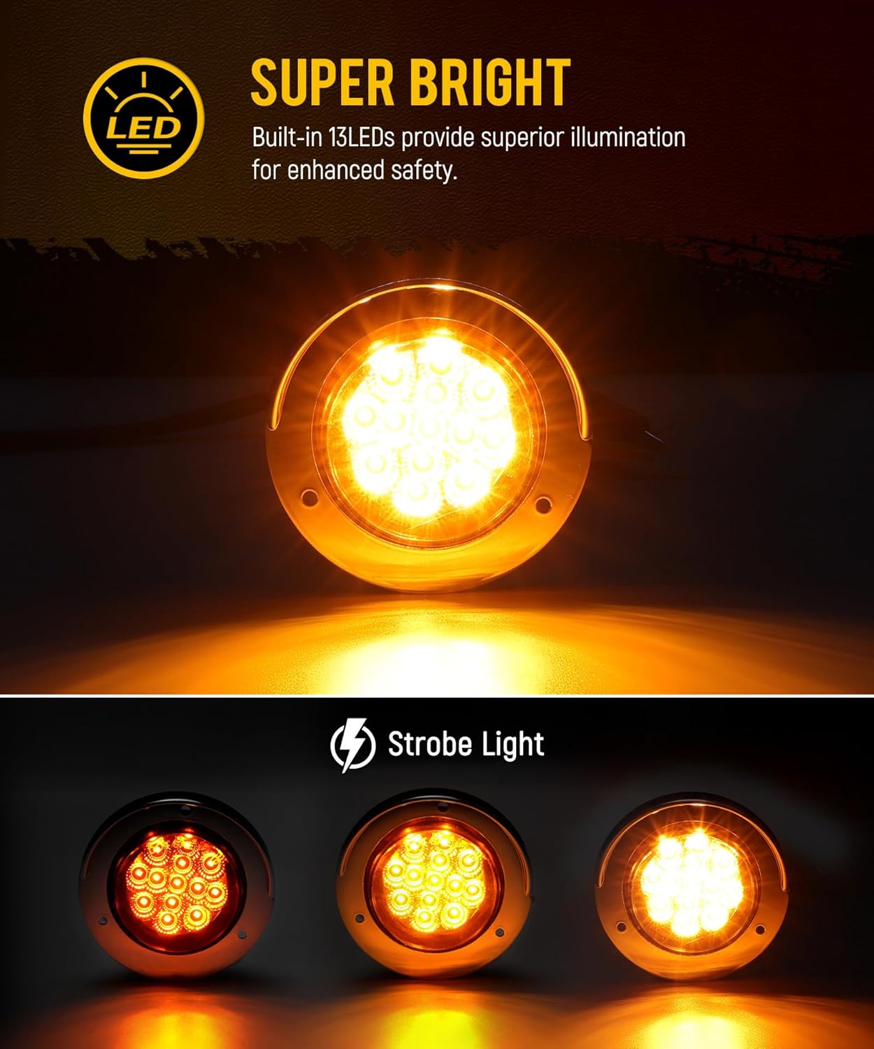 Partsam 10Pcs 2.5 inch Amber 13LED Strobe Marker Lights, Round Clearance Light with Polished Chrome-plated Plastic Bezel for Trailer Truck RV
