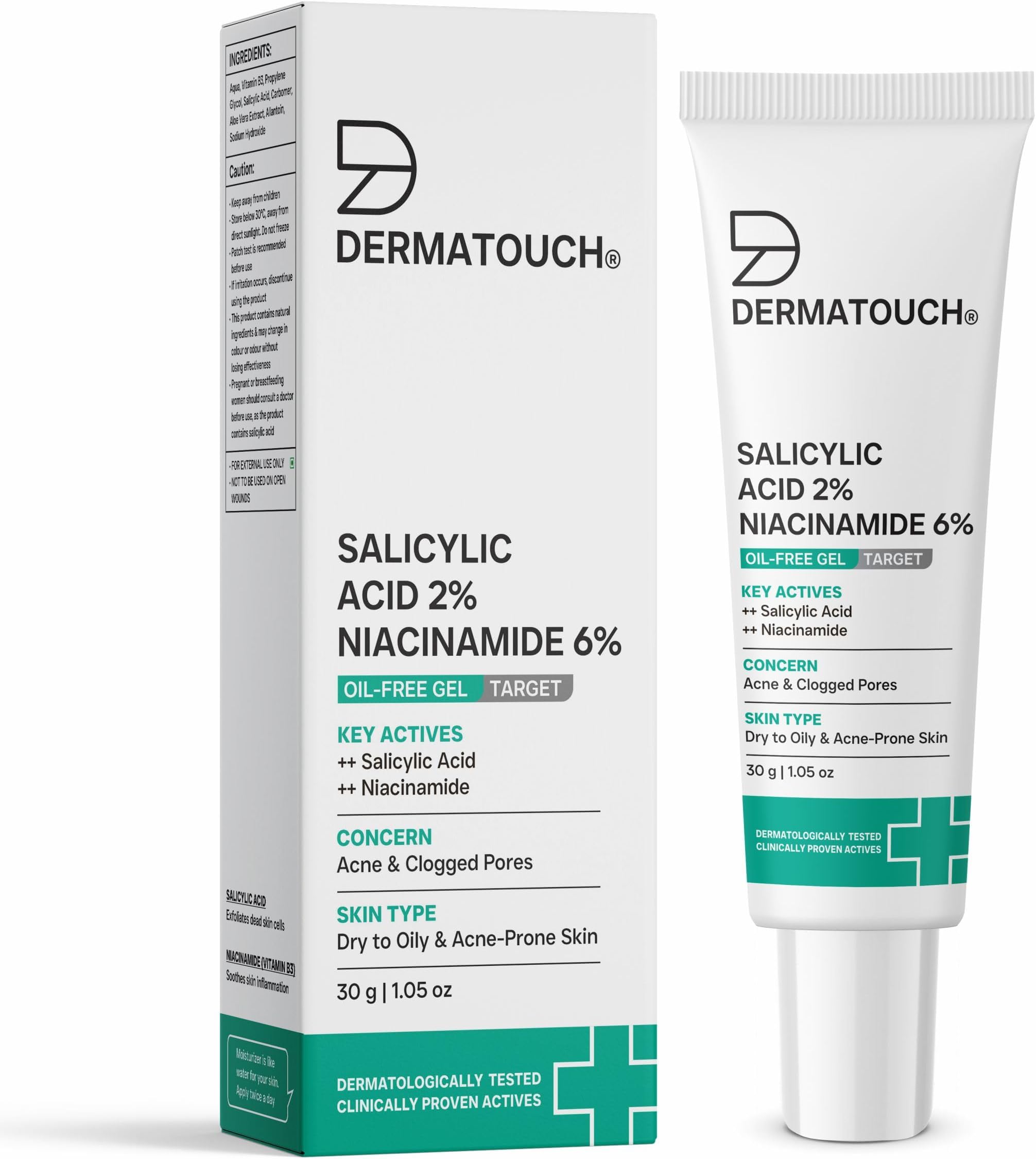 DERMATOUCH Salicylic Acid 2% Niacinamide 6% Anti-Acne Oil-Free Gel For Active Acne, Oil Balancing, Pore Tightening | 30g