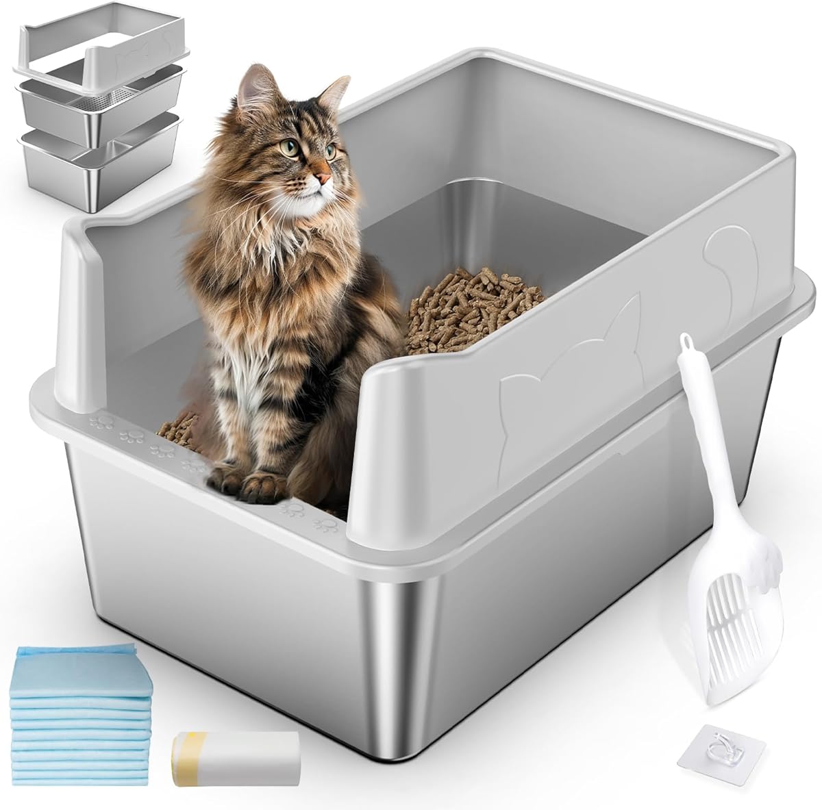 Stainless Steel Sifting Litter Box, 23.6" L x 15.7" W x 13" High Sided Metal Sifting Cat Litter Box for Pine Pellets, Enclosed Sifting Box with Lid, Anti-Leakage, Easy Clean for Big and Multiple Cats