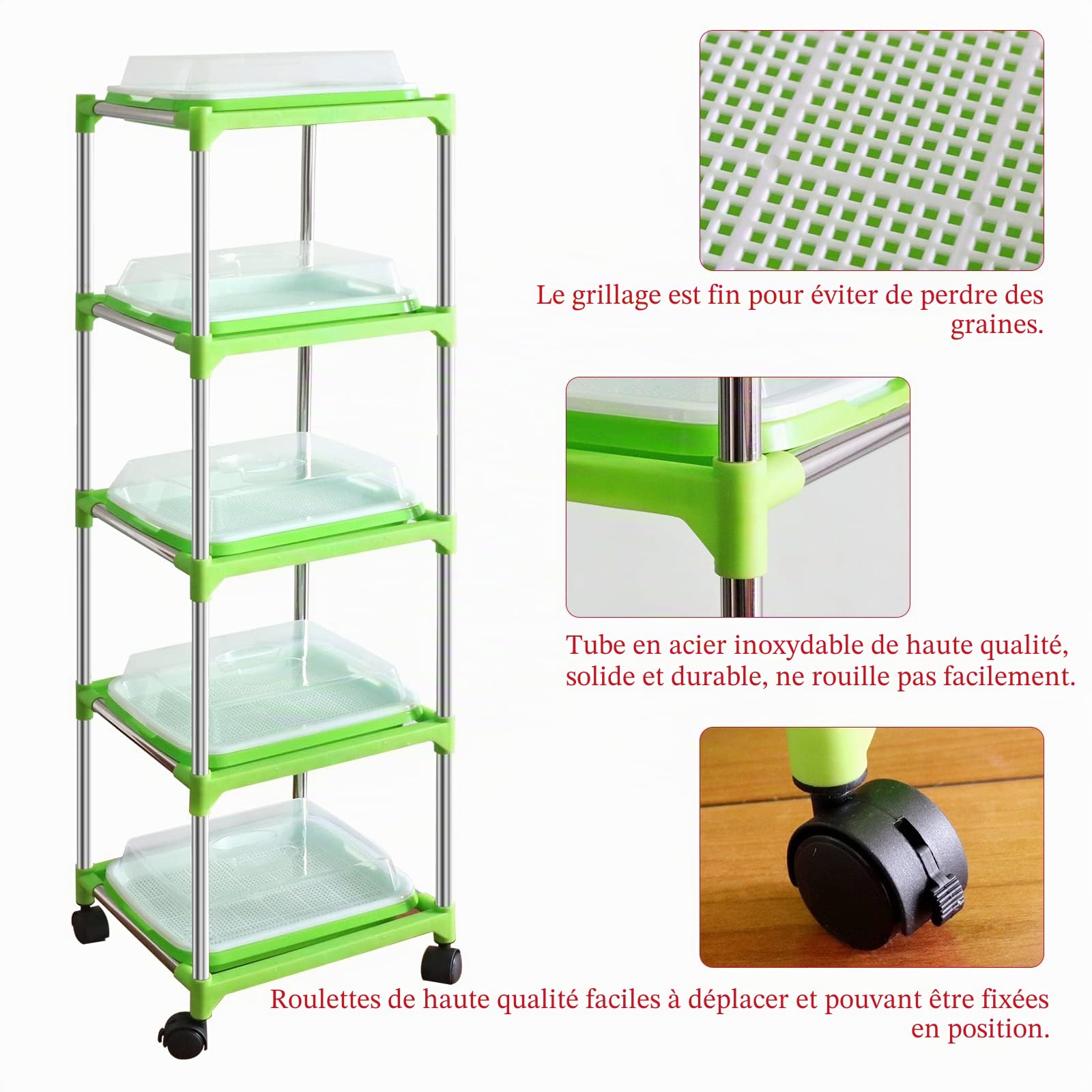 5 Couches De Graines Germées Plateau Microgreens Kit De Croissance Graine Germoir Plateau avec Couvercle Graines D’Herbe De Blé Cultivateur Plateaux De Rangement pour Jardin Cuisine Maison