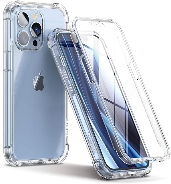 SURITCH Clear Case for iPhone 13 Pro 2021,Built in Screen Protector Shockproof 360 Full Body Protection Hard Shell + 4 Corners Soft TPU Rubber Cover Bumper 6.1 inches - Clear