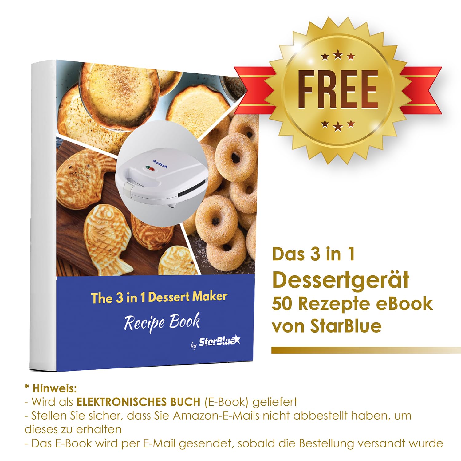 Donuts Bäcker, Mini-Kuchen und Quiche , Taiyaki 3 in 1 Drei Scheiben herausnehmbarer Dessert von StarBlue - Weiß AC 220-240V 50/60Hz 700-800W, UK Stecker mit EU Adapter