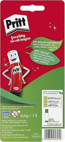 Pritt Glue Stick, Safe & Child-Friendly Craft Glue for Arts & Crafts Activities, Strong-Hold adhesive for School & Office Supplies, 22 g (Pack of 3) - 2