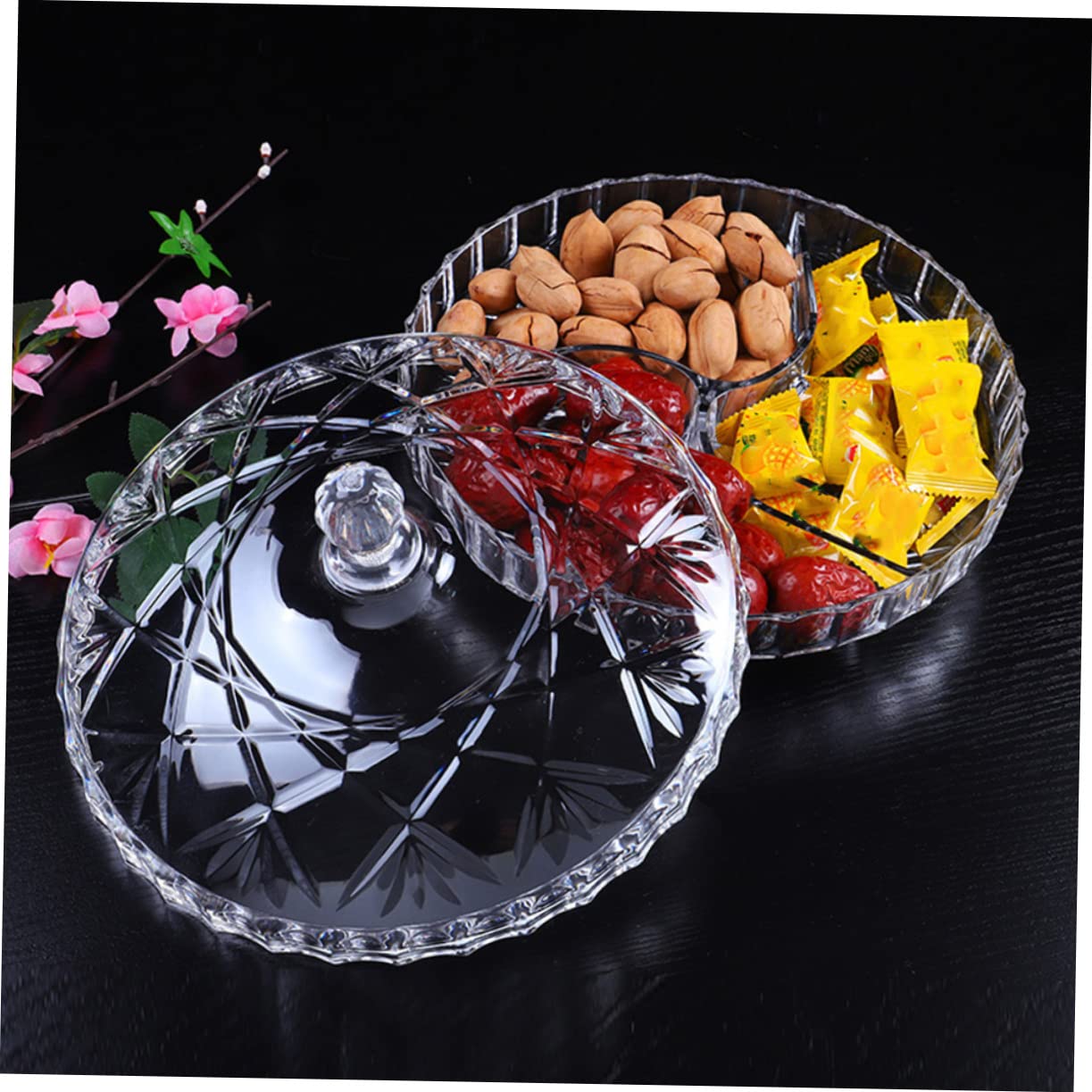 Contenitore Rotondo per Frutta e Snack Trasparente con Scomparti Scatola Multifunzione per Dolci Noci e Snack per Feste e Riunioni