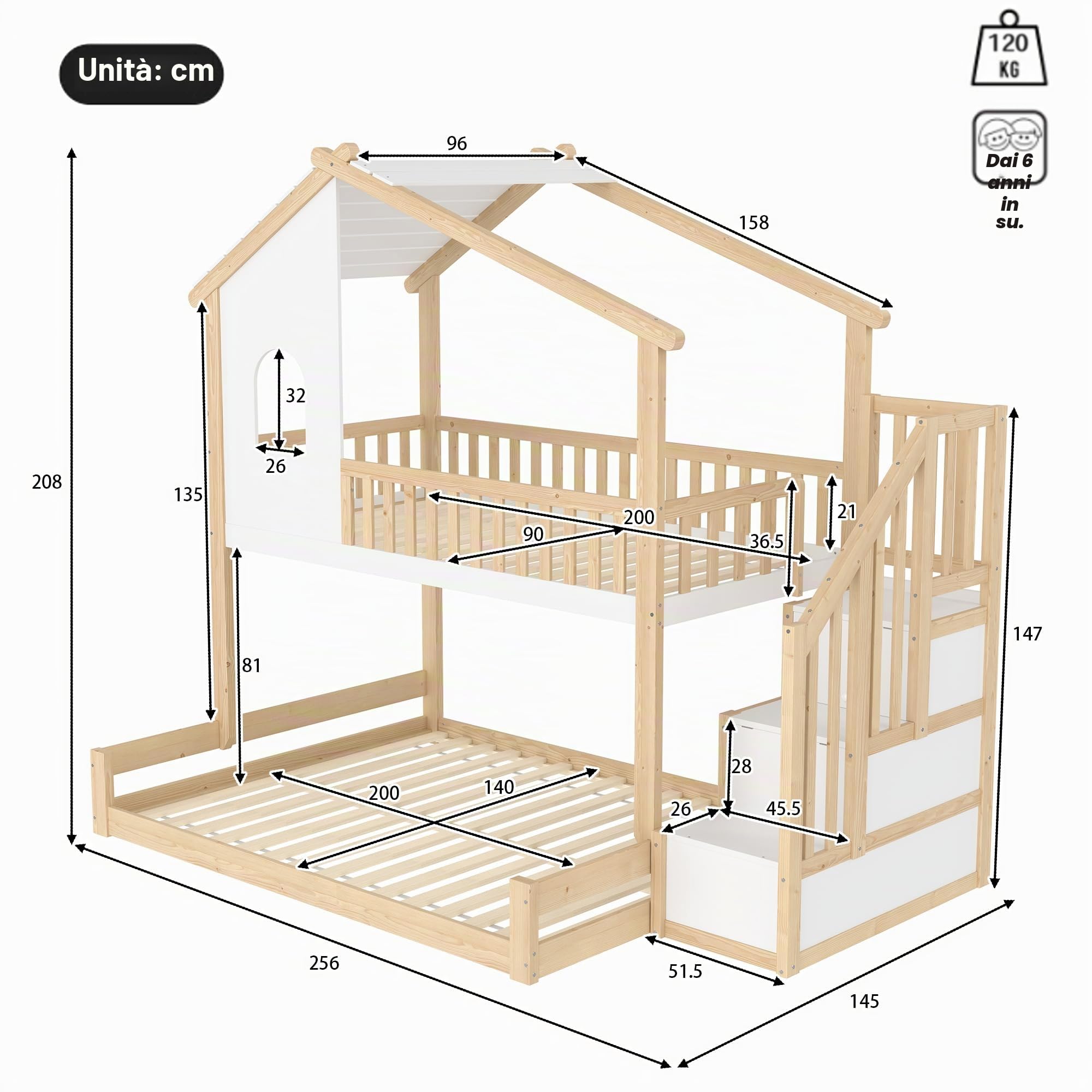 Moimhear Letto a castello, letto per bambini, scaletta per finestre, listello naturale e bianco, legno di pino+MDF + Plywood (90 x 200 cm+140 x 200 cm)