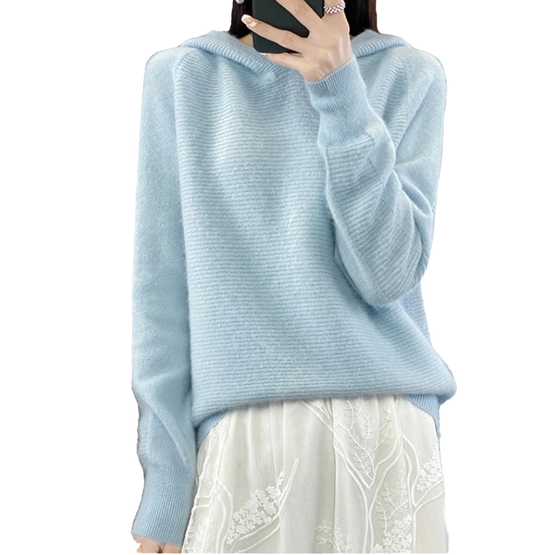Maglione da donna lavorato a maglia con cappuccio in cashmere abbigliamento sportivo moda top femminile pullover maglione blu, Blu, L