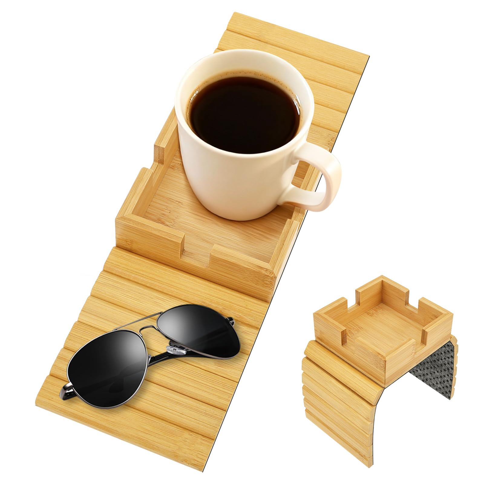 2Pack Sofa Arm Tray, Foldable Couch Cup Holder Bamboo Armrest Tray, Sofa Armrest Organiser for Drinks, Snack, and Remote, Square Couch Protector with Non-Slip Backing (2Pack)