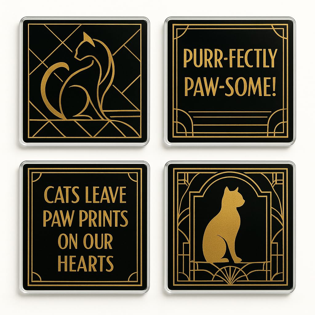 Acrylic Coaster Set of 4 Cat Lover Art Deco Style - Paw Deco Elegance Home Decor Gift for Pet Parents
