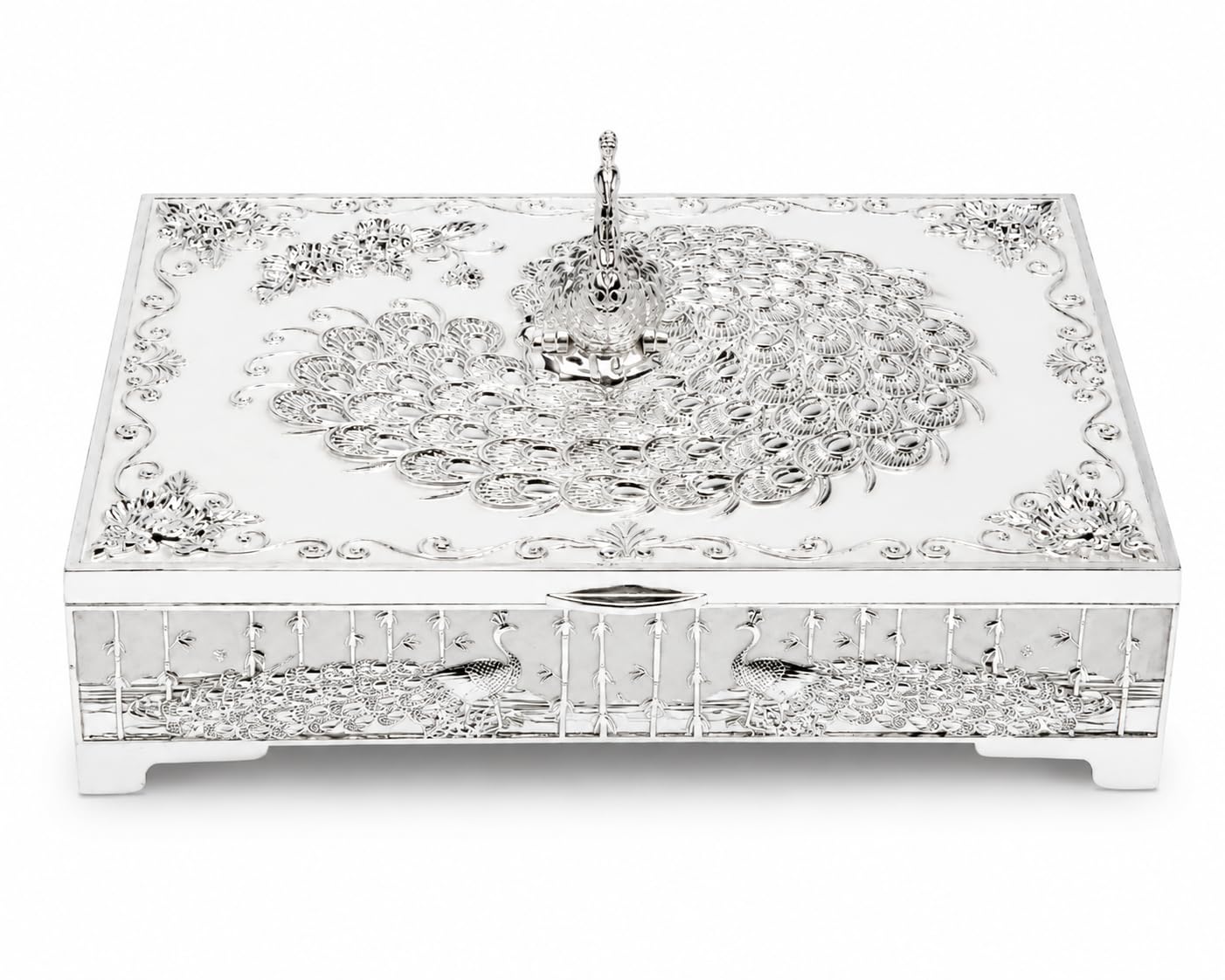 Dora Gifting Luxury Peacock Design Square Decorative Dryfruit Empty storage box with Enemal finish 4 Section, Dryfruit storage container,Dryfruit Gift Box for Wedding, Diwali, Festival, Color- White