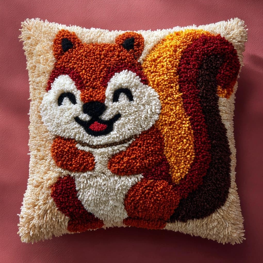 Henypt DIY Latch Hook Kit 43x43cm / 17x17 Inch,Smiling Squirrel Complete Crochet Rug Kit with Yarns & Hook,Creative Needlework Gift for Family