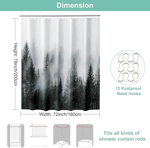 Miniatura 2 de ORTIGIA Cortina de ducha de 78 pulgadas para baño, juego de cortina de ducha de bosque natural con ganchos, cortina de baño decorativa con niebla