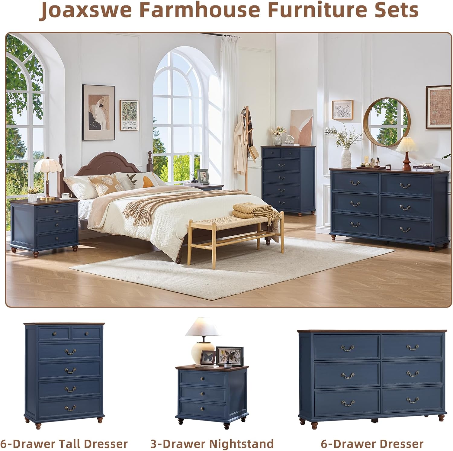 Farmhouse 6 Drawers Dresser for Bedroom, Vintage 54" Wide Chest of Drawers w/ 4 Wooden Legs, Rustic Large Closet Storage Dressers Organizer for Hallway, Wood TV Stand for Living Room, Blue