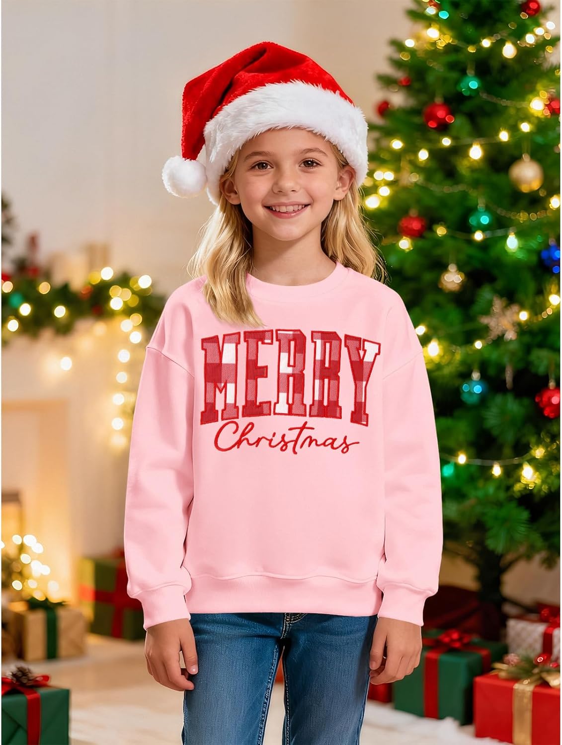 IZYJOY キッズ ガール クリスマス スウェットシャツ 格子縞 メリー クリスマス シャツ 長袖 刺繍パッチ クリスマス ホリデ