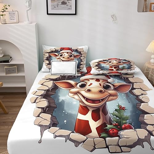 Miniatura 3 de Juego de sábanas de jirafa de Navidad tamaño King, sábanas de Navidad para niños, microfibra suave y bolsillo profundo, sábanas y fundas de almohada