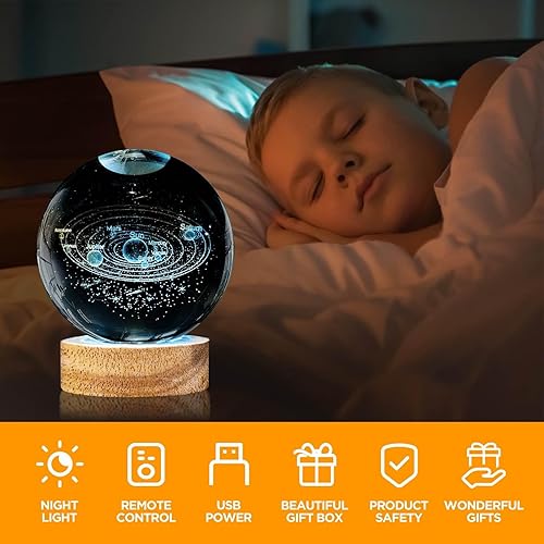 Miniatura 6 de Luz nocturna de bola de cristal del sistema solar 3D de 3.15 pulgadas, lámpara de bola de vidrio con 16 colores cambiantes de base de madera y