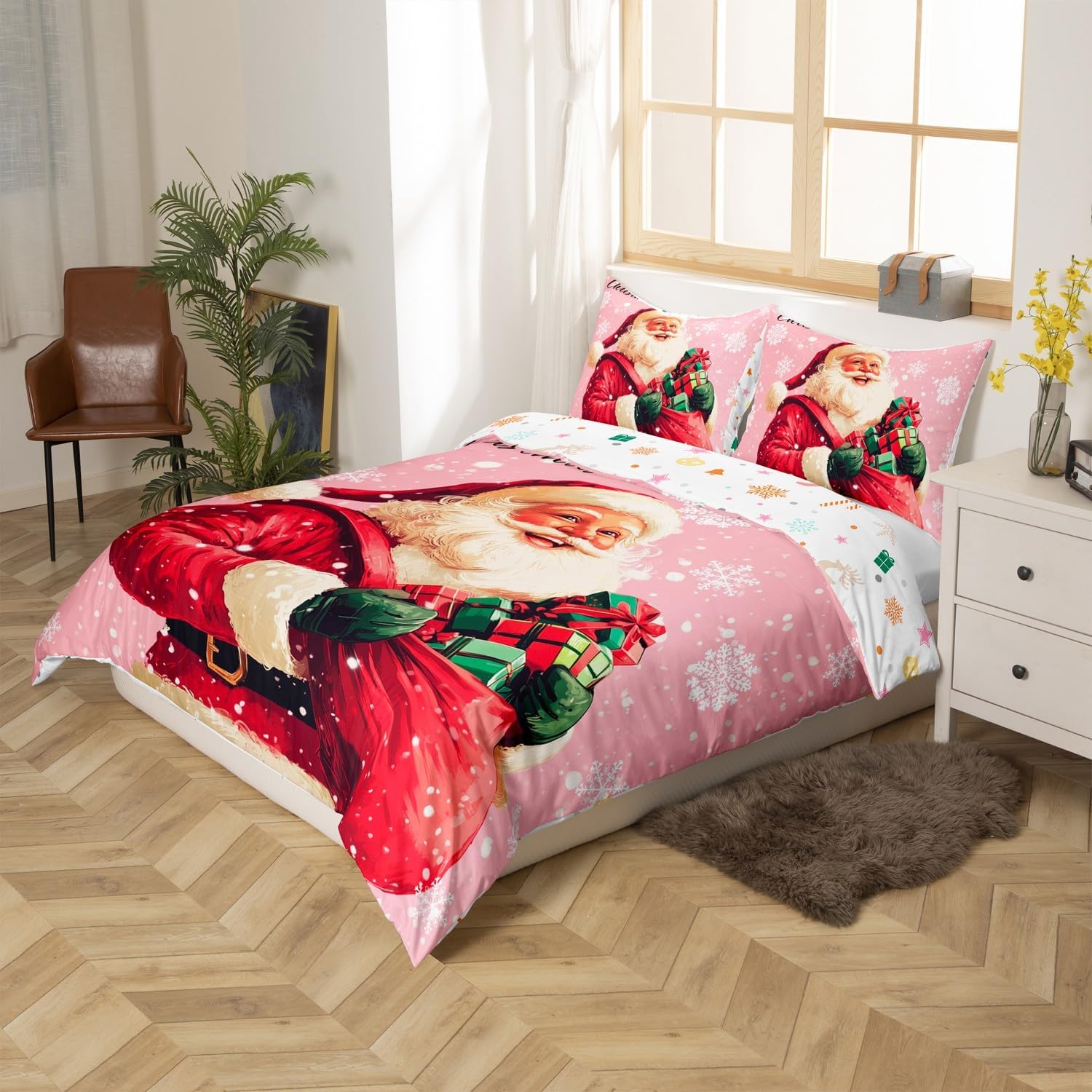 Manfei Western Santa Claus Bedding Set Toddler Size,Pink Xmas Snowflake Duvet Cover 2pcs for Kids Boys Room Decor, Kids Comforter Cover,Cute 3D Santa Quilt Cover,Not Comforter