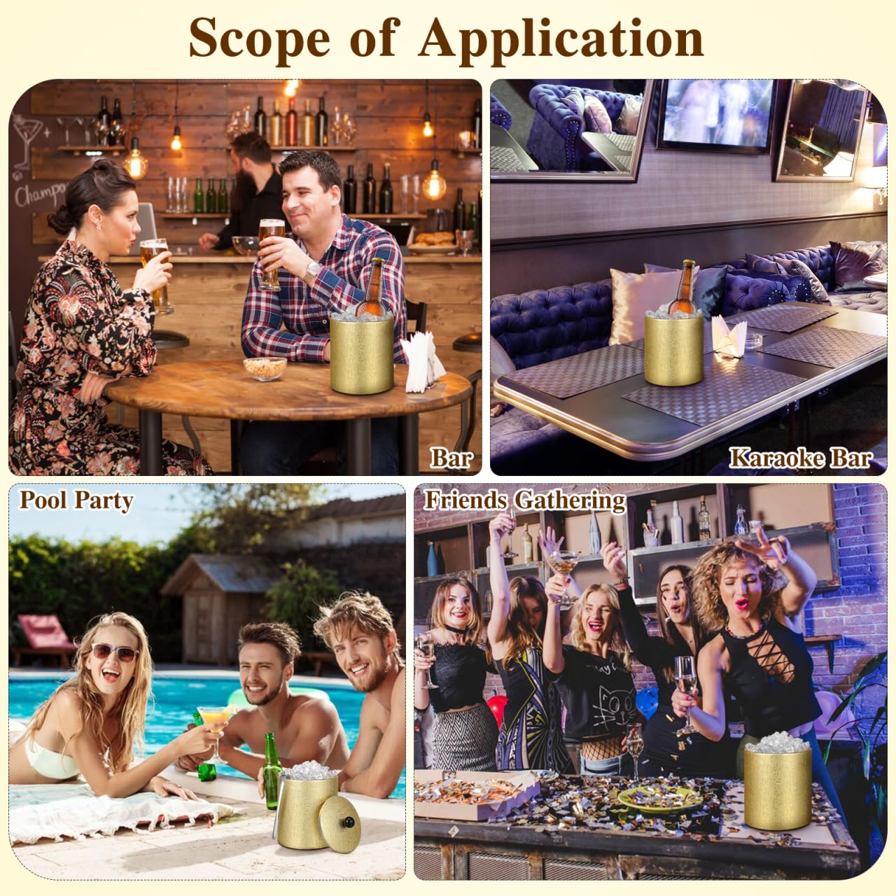 HEMOTON Cubitera de acero inoxidable con tapa, 1,3 L, incluye pinzas para hielo y colador, enfriador de hielo aislado de doble pared, enfriador de vino y champán para bar, fiesta y hogar