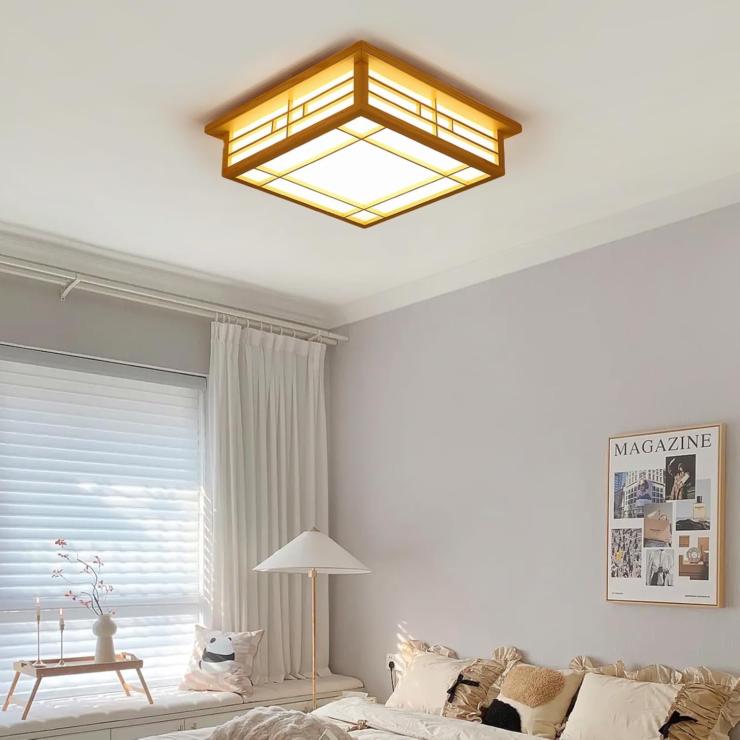 Square Tatami Ceiling Light, Chinese Japanese Grid Lamp w/Remote, Wood Square Tatami LED Ceiling Light, Minimalist Wood Ceiling Lamp for Bedroom, Living Room, Dining Room, and Kitchen