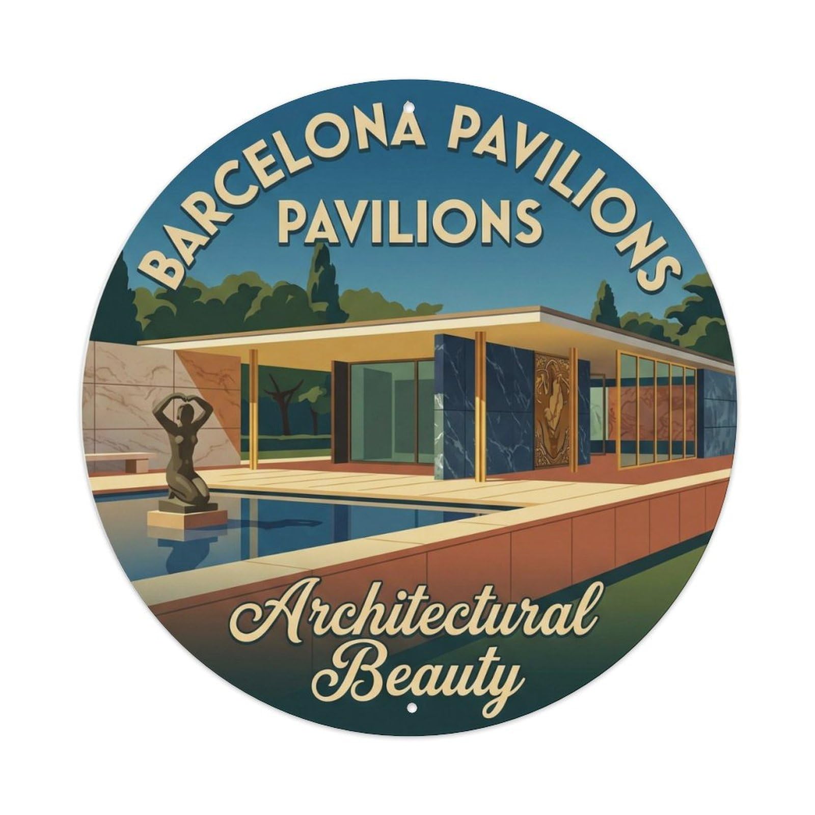 Classic Barcelona Cityscape Pavilion Catalan Architecture Travel Metal Tin Sign Plaque Wall Decor for Cafe, Man Cave, Club Bar, Office, Home Garden Round Metal Poster 8x8Inch