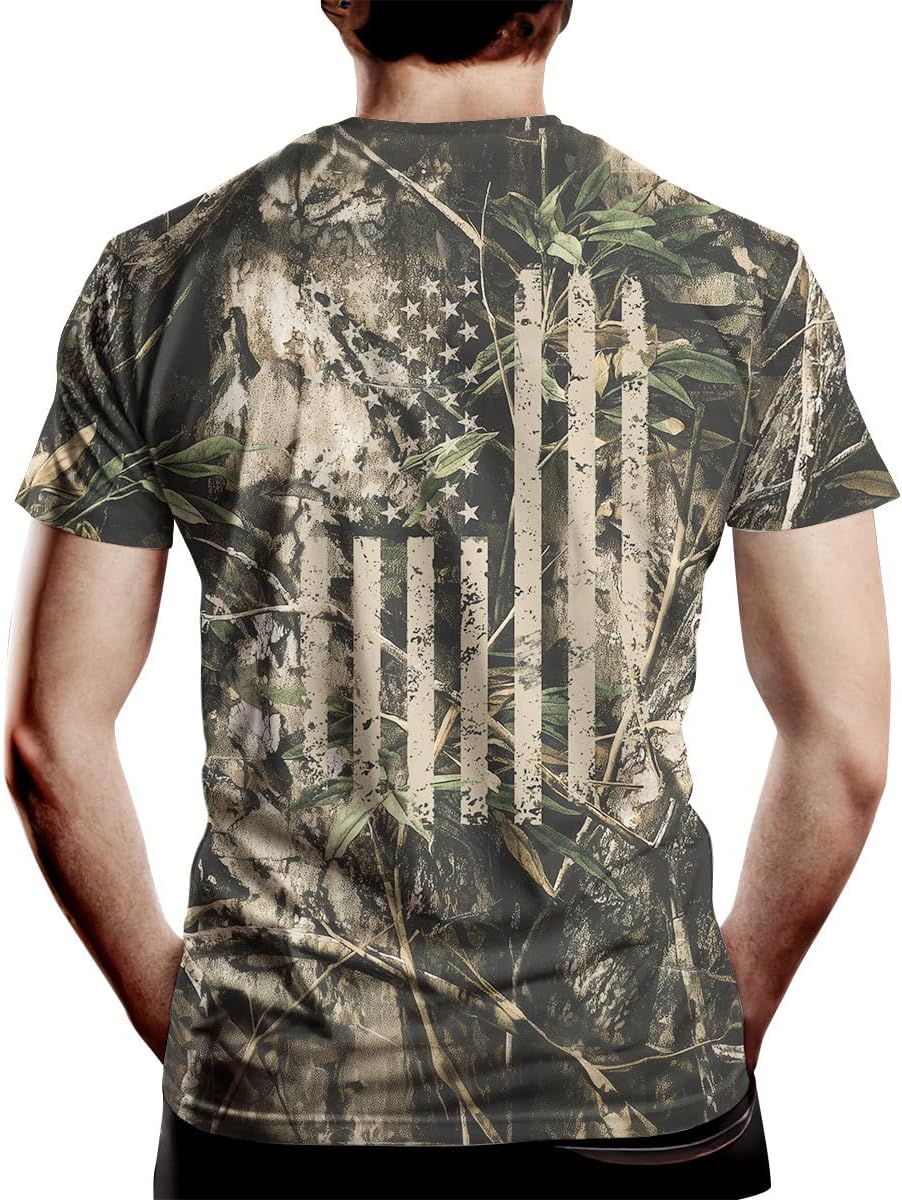 Men’s Camo American Flag T-Shirt Patriotic Camouflage Hunting Outdoor Tee Short Sleeve