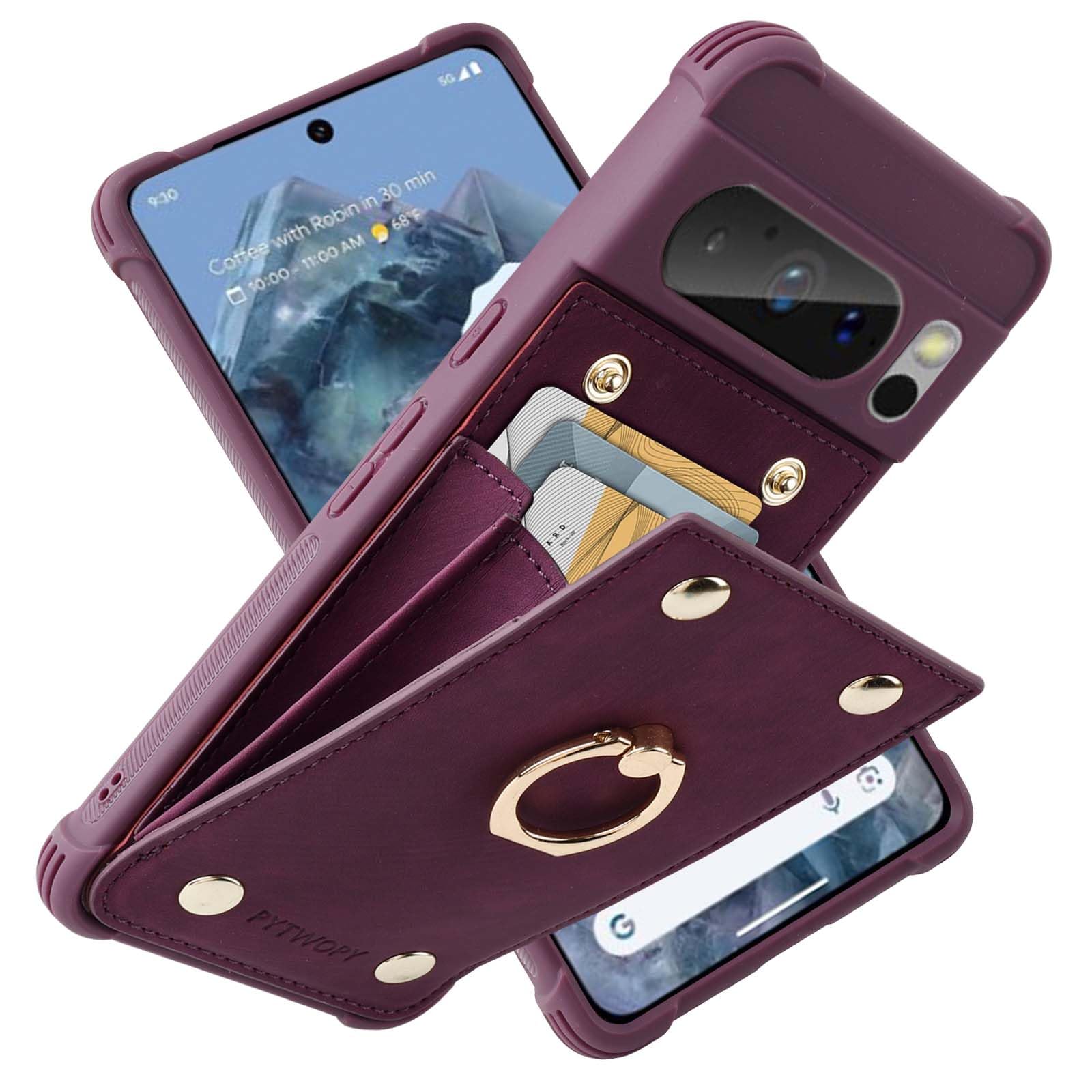 PYTWOPY Google Pixel 8 Pro 5G Wallet Case with Credit Card Holder,Leather Shockproof Protective Phone Cover Supports 360°Rotation Ring Stand and RFID Blocking for Pixel 8 Pro 5G 6.7 inch,Dark Purple