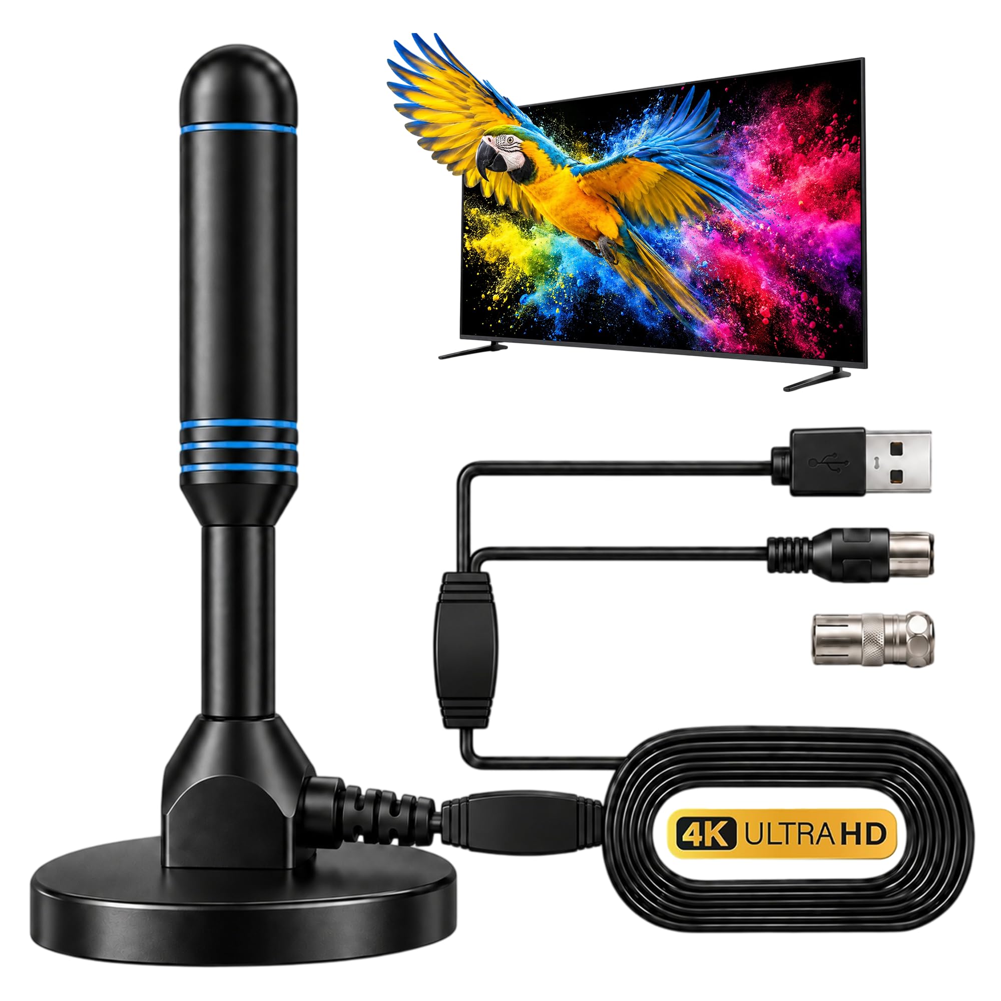 Antenne TV d'intérieur pour Smart TV avec 2 amplificateurs de signal pour tous les téléviseurs intelligents, antenne numérique HD pour chaînes locales, prend en charge 4K 1080p (bleu)