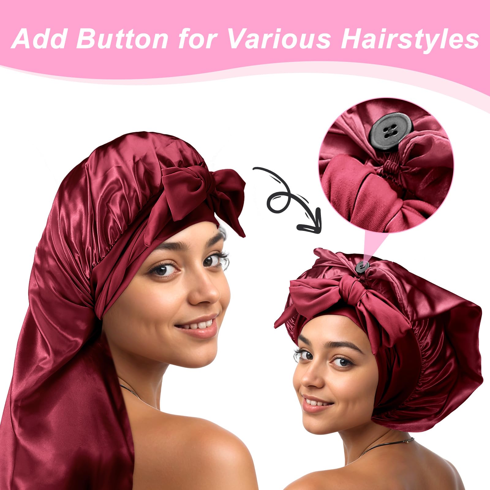Abeillo Long Satin Bonnet for Women Sleeping Silk Bonnet Large Hair Cap Silk Hair Bonnets with Tie Band for Braids Curly Hair (Wine Red) - Image 3