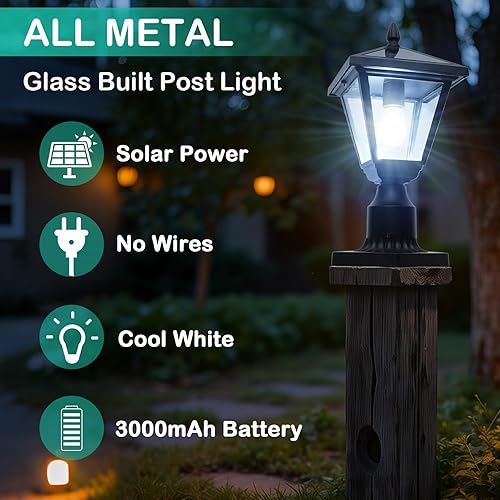 Miniatura 2 de Luces solares de poste de metal y vidrio, luces solares de poste del atardecer al amanecer con base de montaje en muelle, luces exteriores de 6000 K
