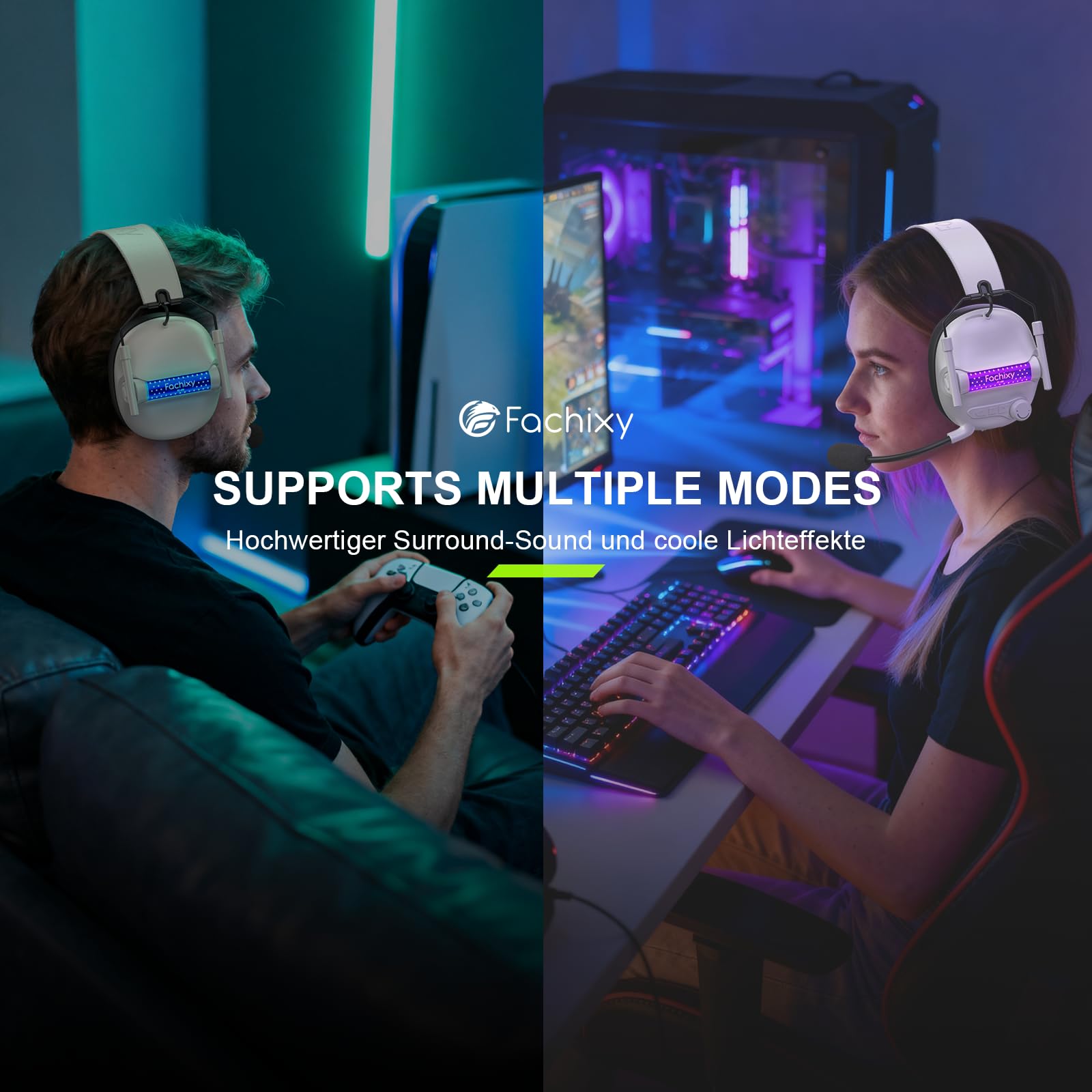 FC400 Gaming Headset Wireless Für Xbox Series X|S|One, PC, PS5, PS4, Switch, Mac, 2.4GHz & Bluetooth 5.4 Headset Kabellos mit Mikrofon, Geringe Latenz Noise Cancelling, Faltbar, 50H Akkulaufzeit