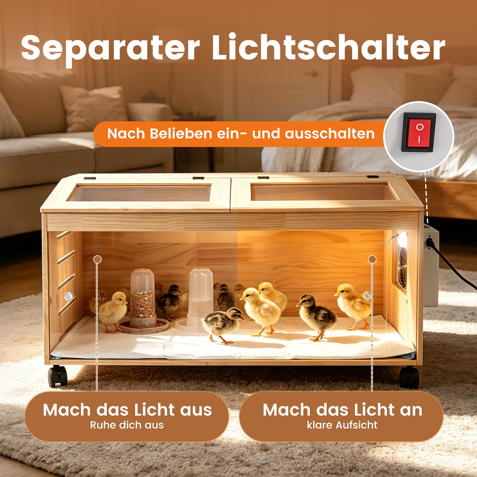 Kükenaufzuchtbox mit 4-Bremsrollen, intelligenter Brütkasten, Holzbrüter mit Temperaturregler, 80x40x40cm