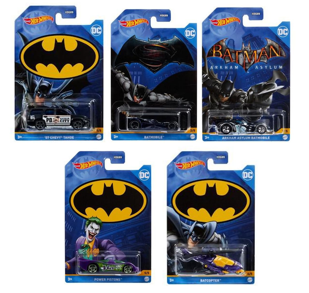 Hot Wheels Batman 2022 Batmobile Complete Bundle of 5 Die‑Cast Vehicles, 1:64 Scale, HDG89-956B, Ages 3+