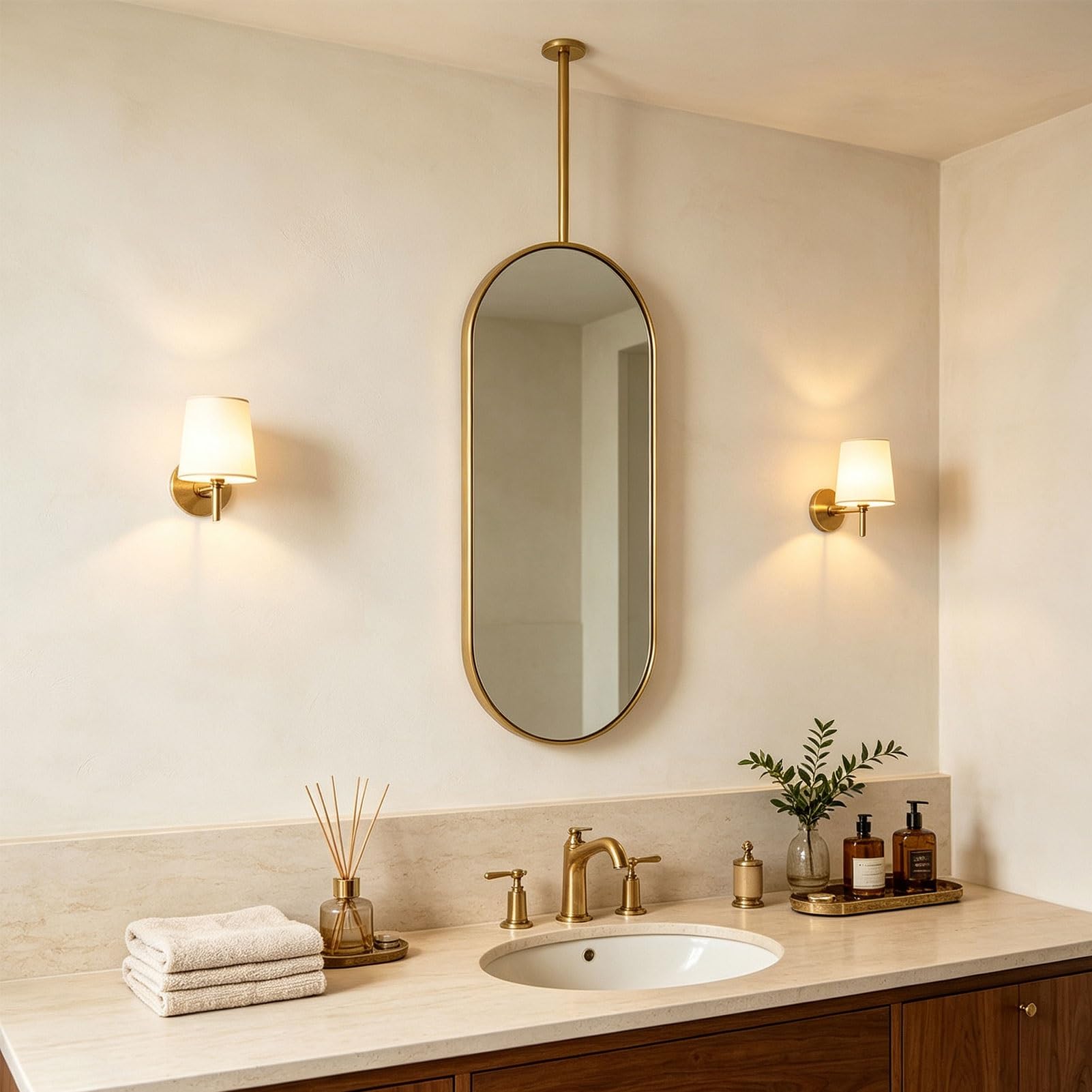Miroirs de rasage vanité de salle de bains avec tige suspendue au plafond | Miroir monté au plafond avec cadre et flèche en acier inoxydable brossé(Gold,40cmx80cm)