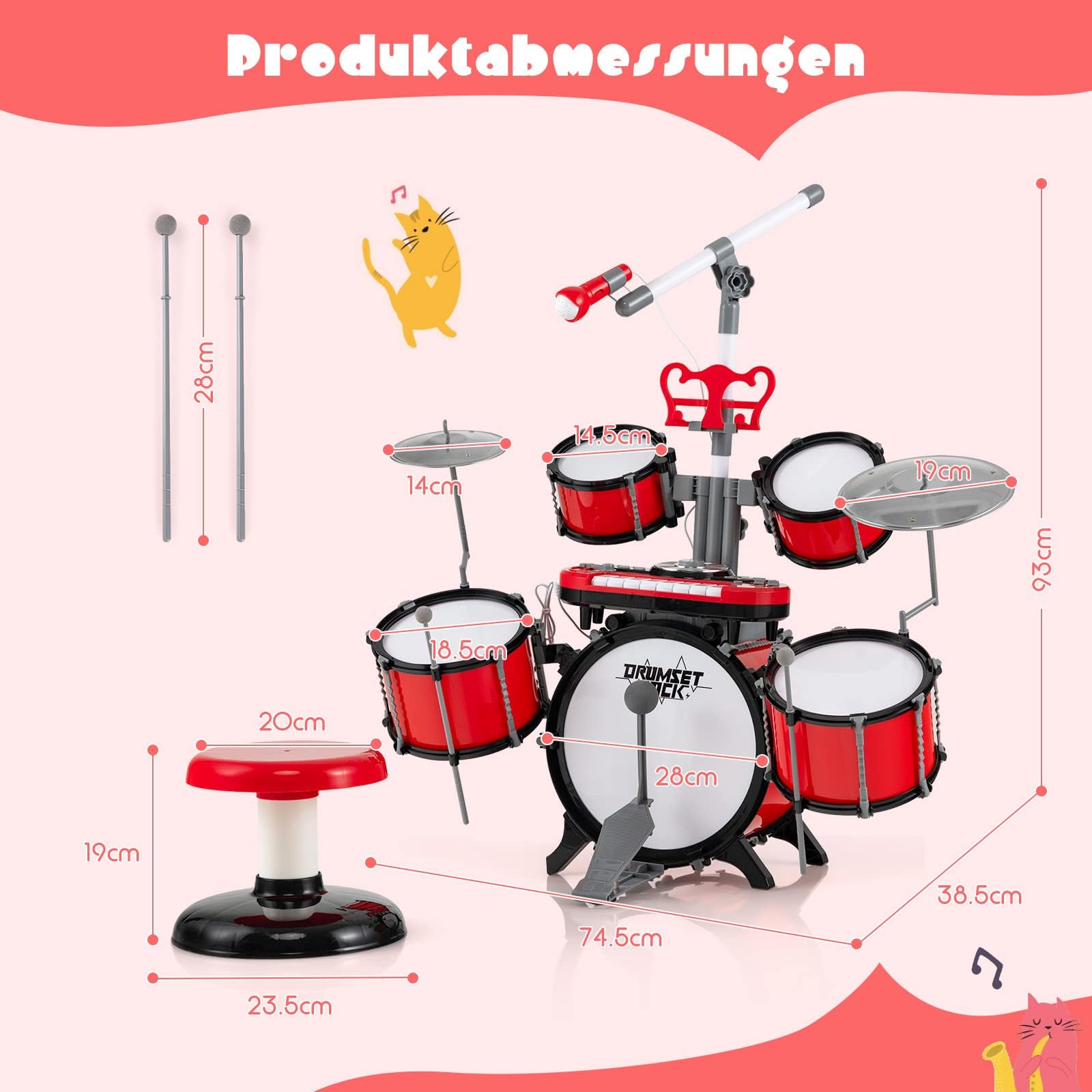 COSTWAY Zestaw perkusji dla dzieci, zestaw perkusyjny z mikrofonem, stojak na nuty, 8 klawiszy i zestaw DJ, wejście audio, instrument muzyczny dla dzieci powyżej 3 lat, czerwony