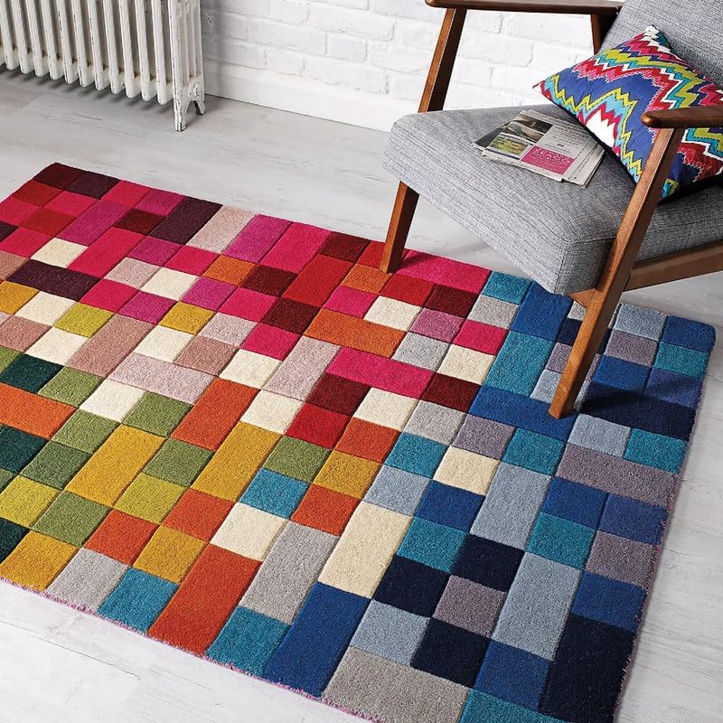 Colorful Patchwork Square Area Rug 7x9 ft | Modern Geometric Multicolor Designer Carpet for Living Room Bedroom