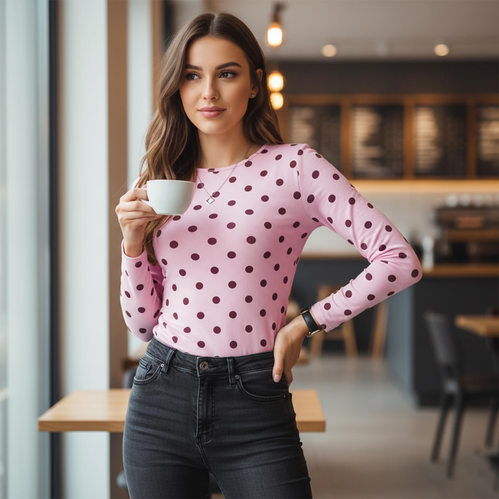 GXNRHG Camisetas de Manga Larga Suave con Lunares para Mujer, elásticas, Ajustadas, básicas, para Salir