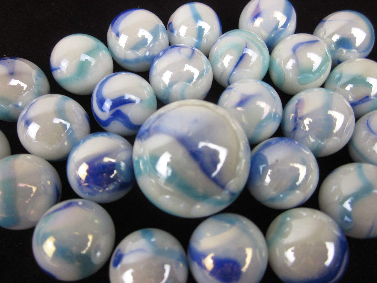 Big Game Toys~25 Glass Marbles Bright Sky Iridescent White/Purple/Blue Swirl Classic Style Game Pack (24 Player, 1 Shooter) Decor/Vase Filler/Aquarium